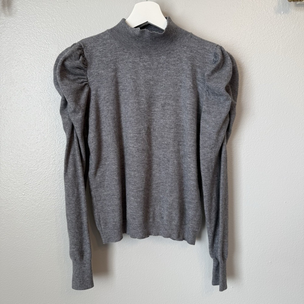 Express Women's Large Grey Puff Shoulder Long Sleeve Funnel Neck Top Blouse